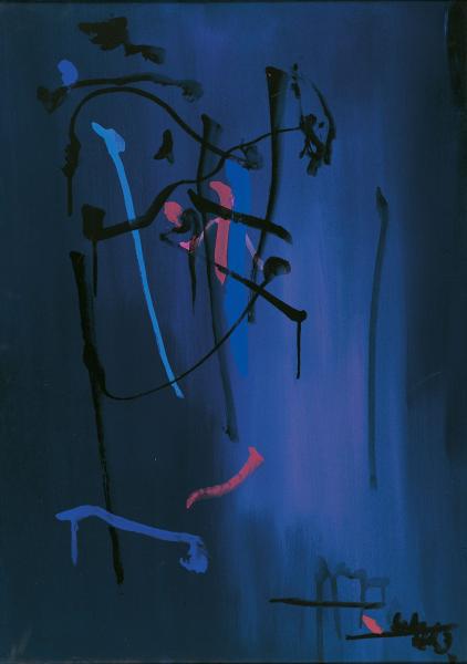 Hans Kaiser, o.T. (aus der blauen Serie der Losschreibungen), 1958, Tempera auf Karton | 100 × 70 cm | Auswärtiges Amt der Bundesrepublik Deutschland
