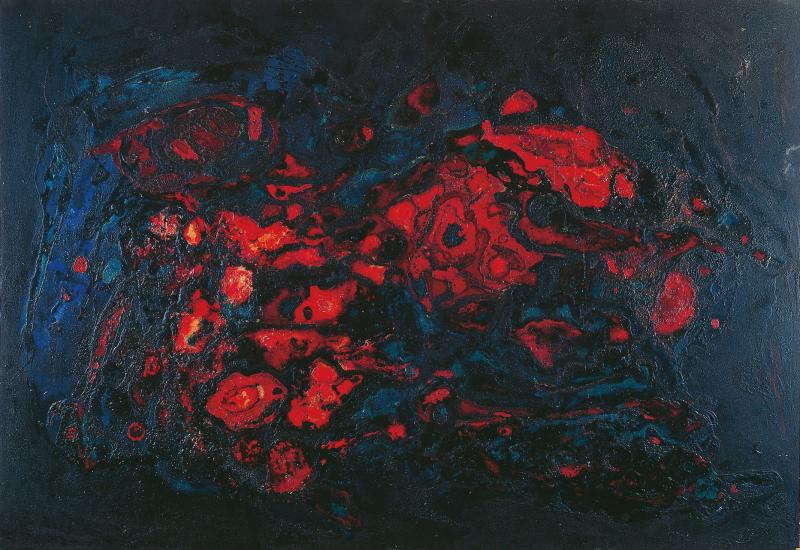 Hans Kaiser, Eruption III (Brandbild), 1959, Nitrolack, gebrannt auf Holz | 124 × 180 cm | Privatbesitz