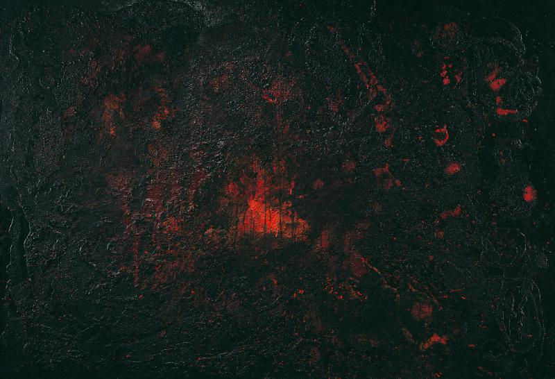 Hans Kaiser, Eruption I (Brandbild), 1959, Nitrolack, gebrannt auf Holz | 124 × 180 cm | LWL-Museum für Kunst und Kultur, Münster