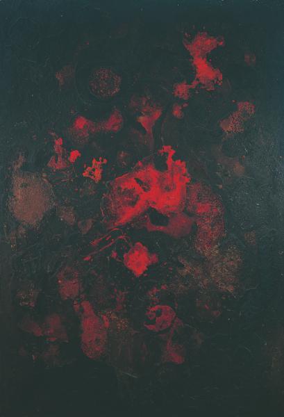 Hans Kaiser, Eruption II (Brandbild), 1959, Nitrolack, gebrannt auf Holz | 180 × 124 cm | Privatbesitz
