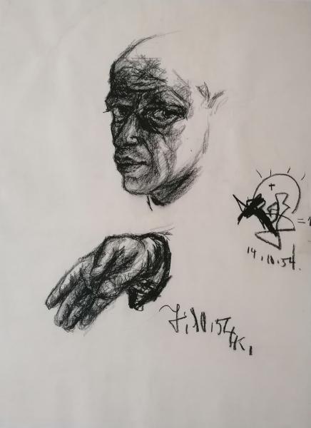 Hans Kaiser, Selbstbildnis, 1954, Kohle auf Papier, 76 × 57 cm, Privatbesitz
