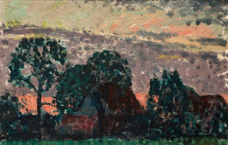 Hans Kaiser, Farmstead in Eilmsen (Gehöft in Eilmsen), 1947, Oil on cardboard | 50 × 78 cm | Private Collection